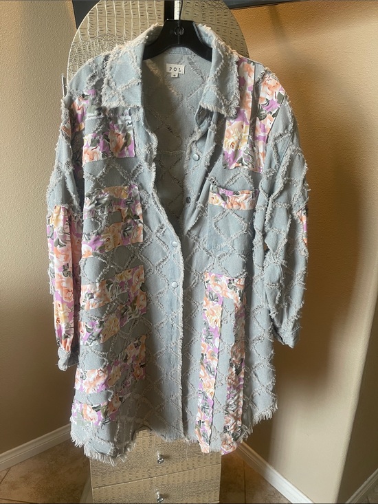 POL Jackets & Blazers - POL Light Gray Floral-Trim Long Jacket